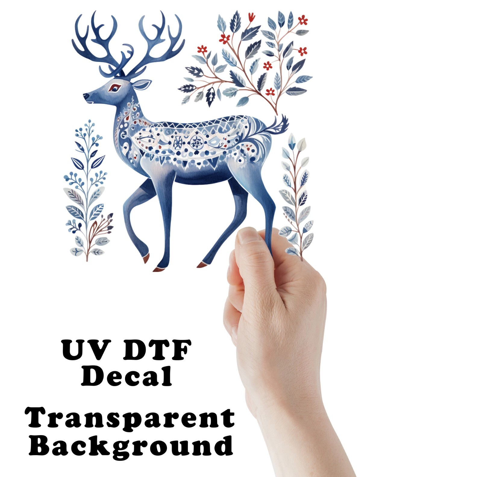 Blue Scandinavian Christmas Deer UV DTF Transparent Sticker / Decal