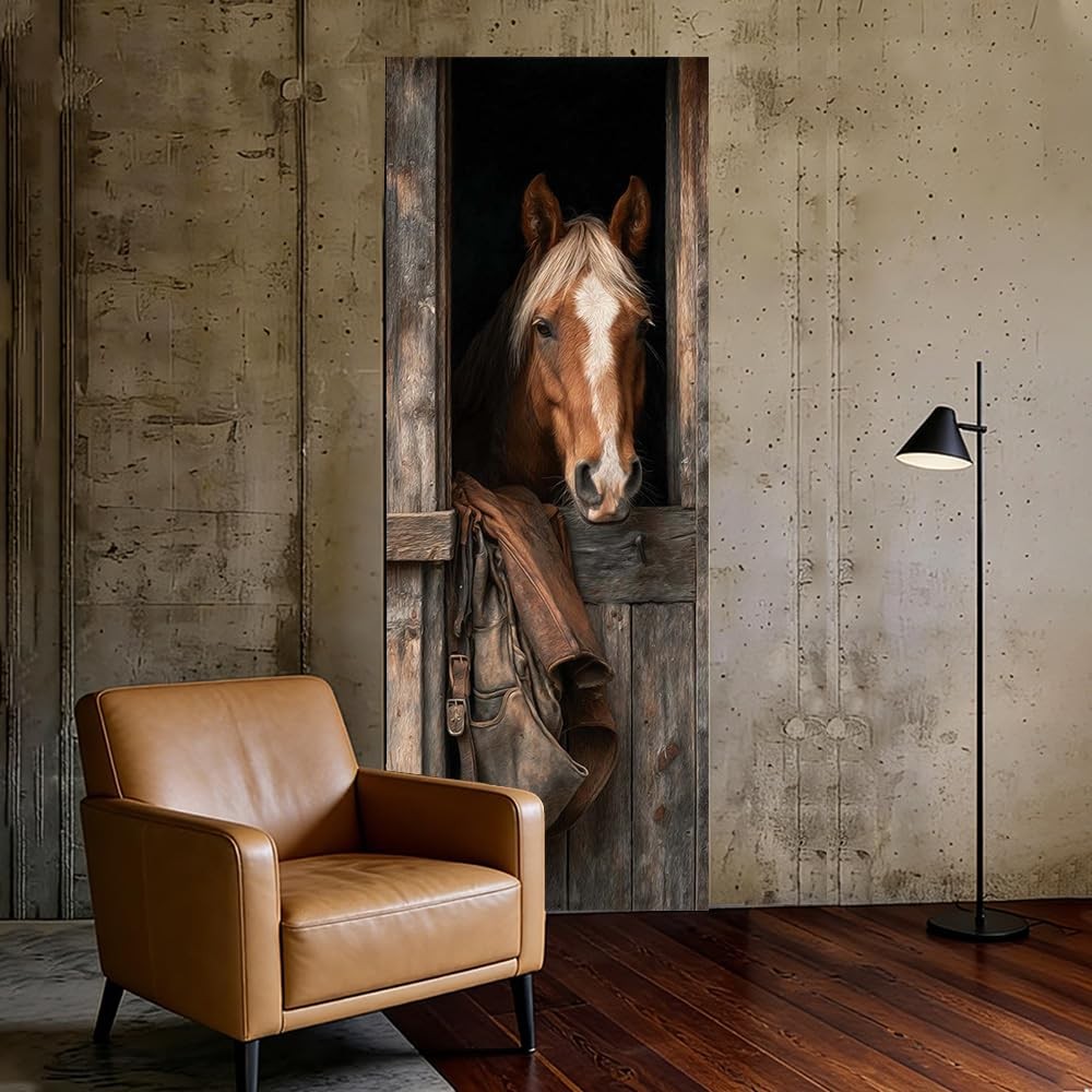 1PC Rustic Horse Door Sticker 30.3×78.7 Inch Adhesive PVC Peel and Stick Door…