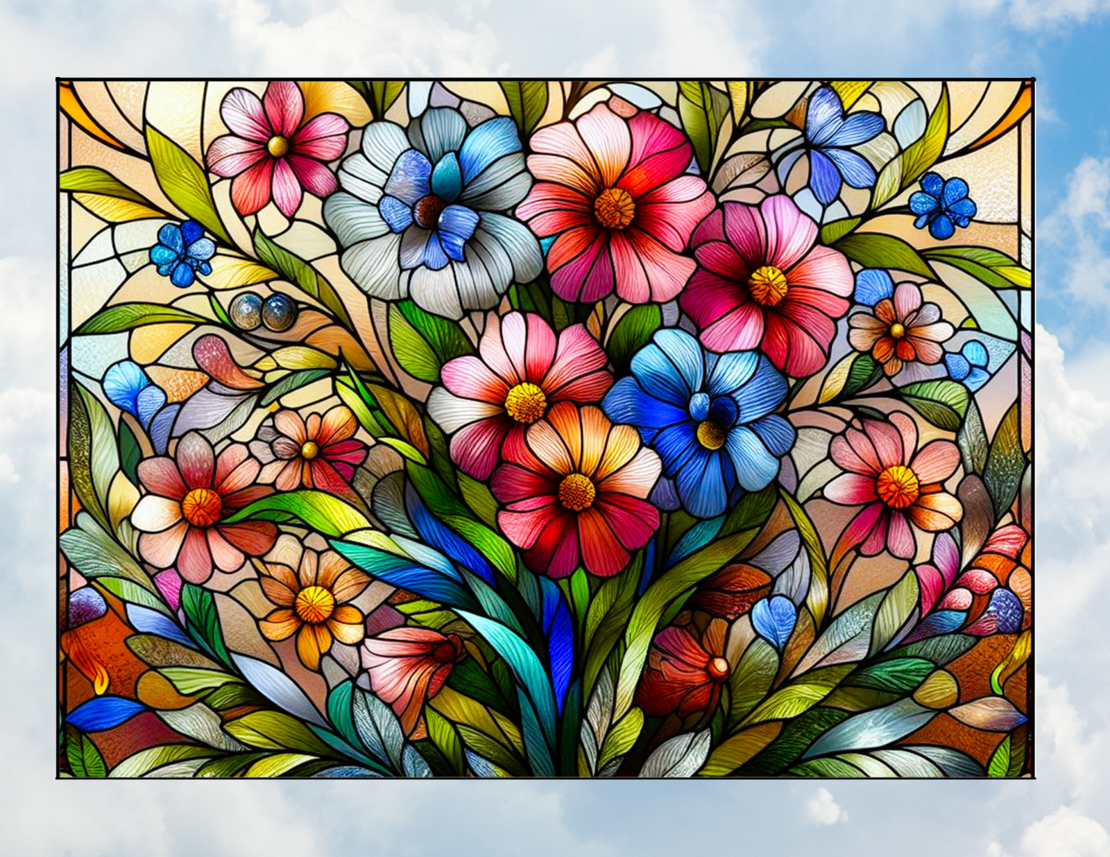 Faux Stained-Glass Flowers WINDOW CLING Size 10.6″ Vinyl Rectangle
