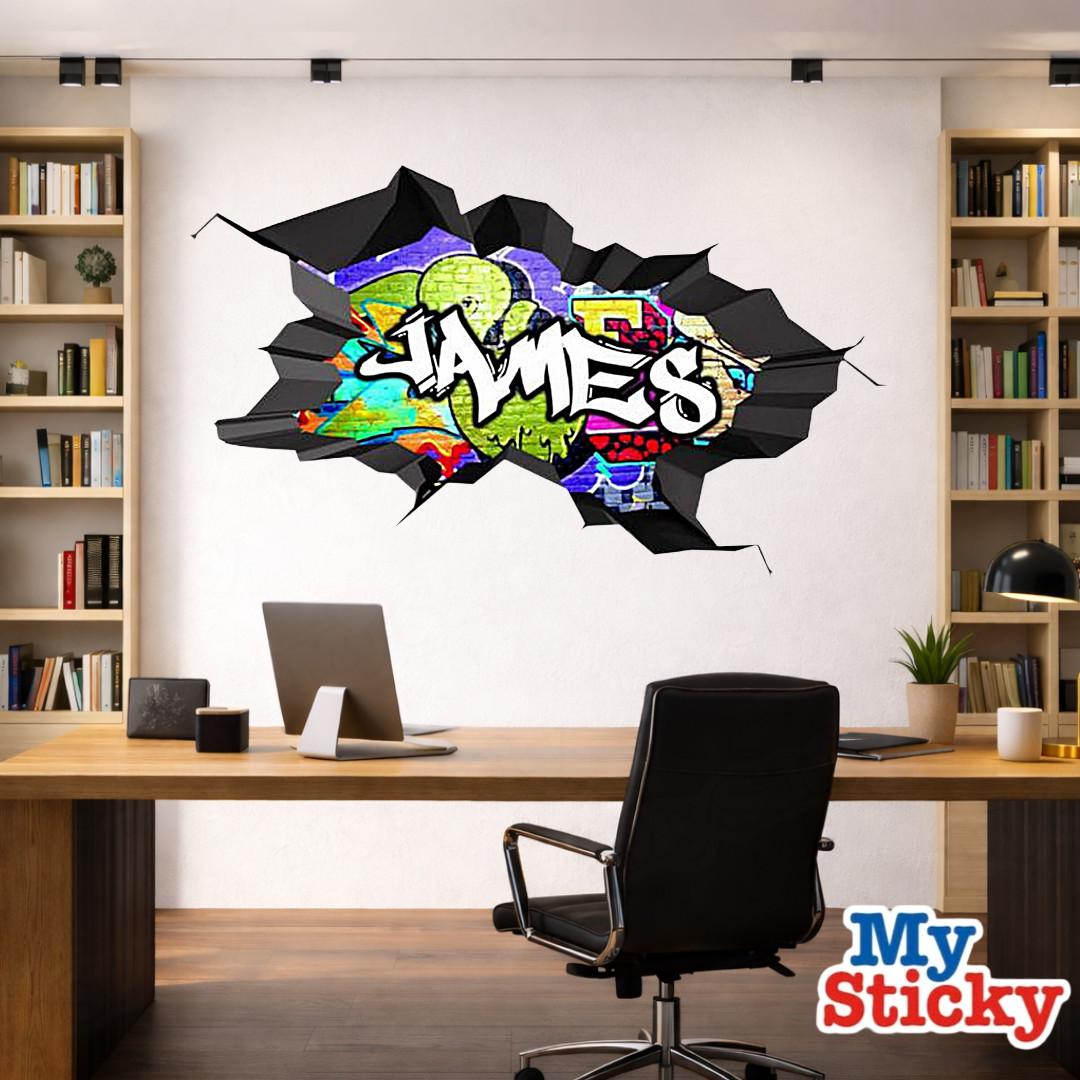 Custom Graffiti Name Wall Decal 3D Breakthrough Gamer Room Street Art Sticker