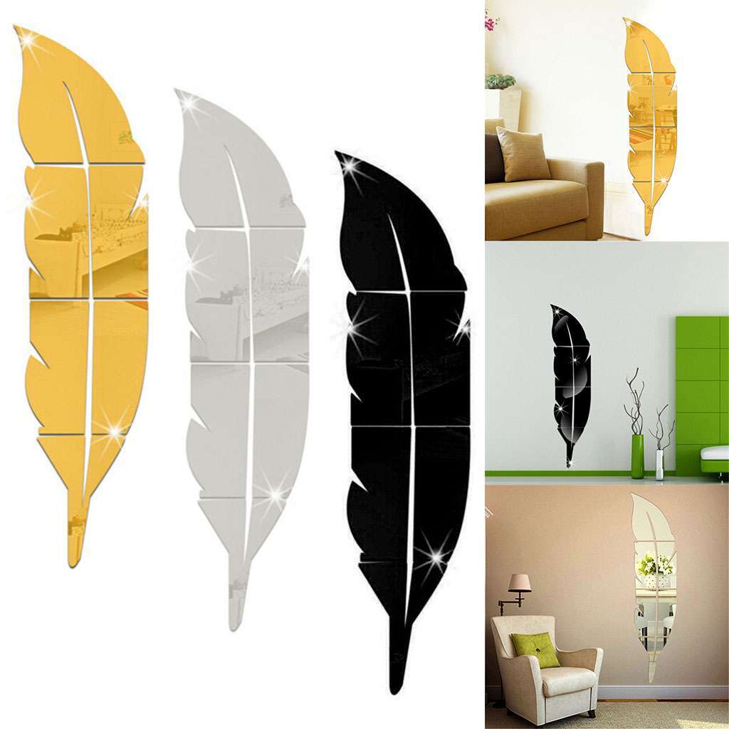 Large 3D Feather Mirror Wall Sticker Acrylic Art Room Decal Decor DIY Removable