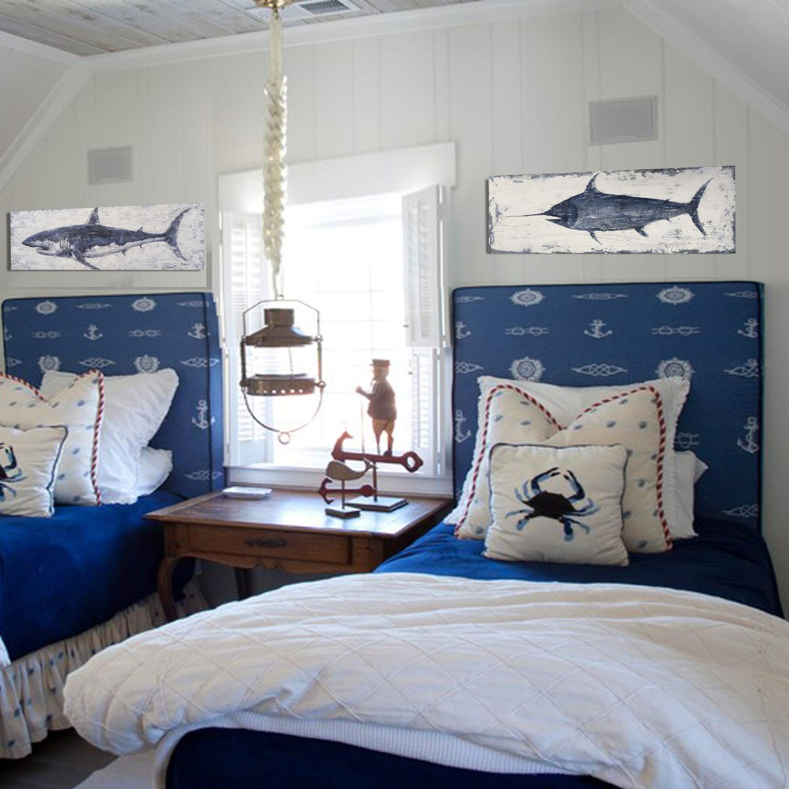 Bedroom Decor Canvas Wall Art Indigo Swordfish Pattern Prints Posters Bathroo…