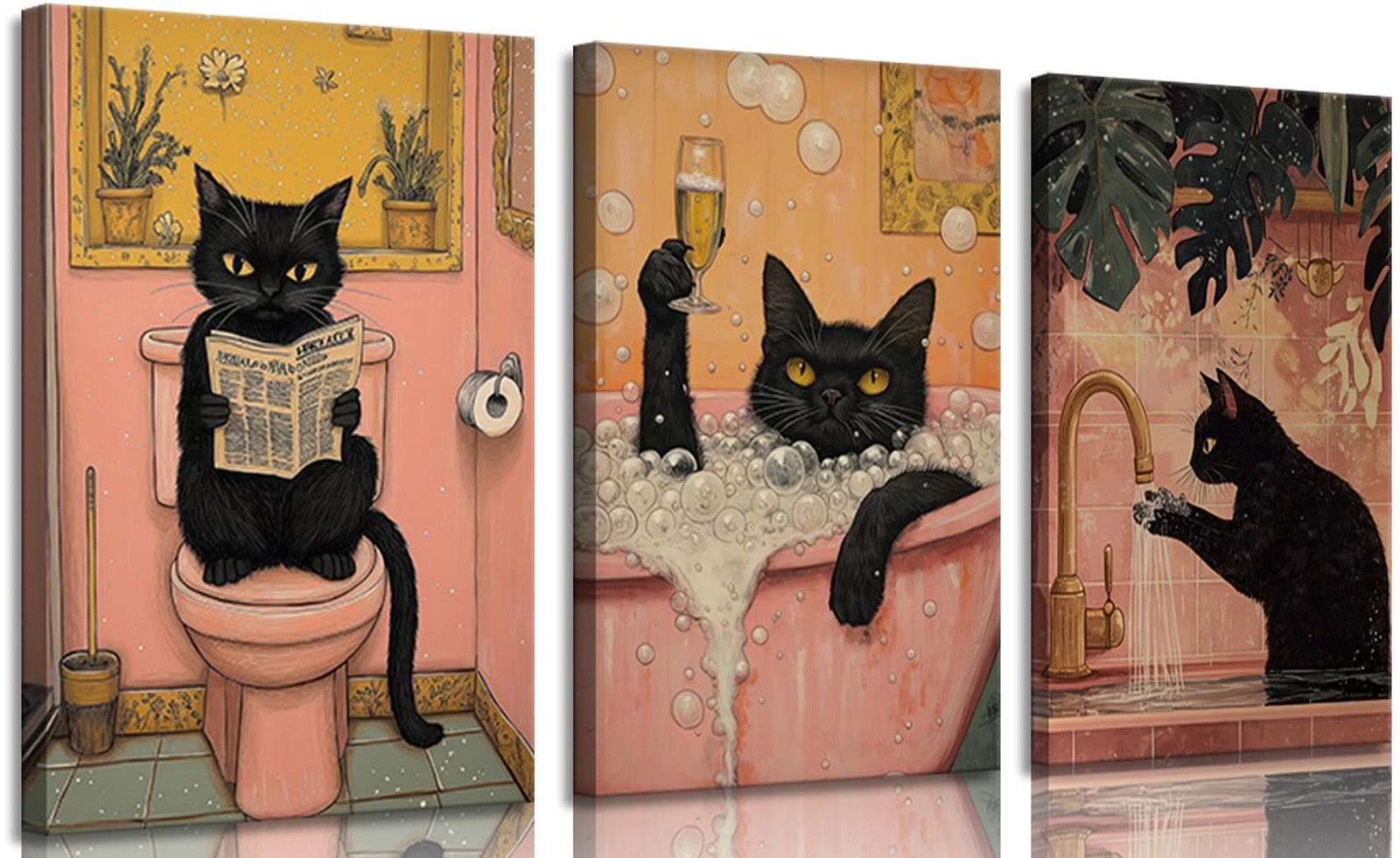 OCRXLYTH 3Pcs Black Cat Bathroom Canvas Wall Art Funny Commode Cat Wall Decor…