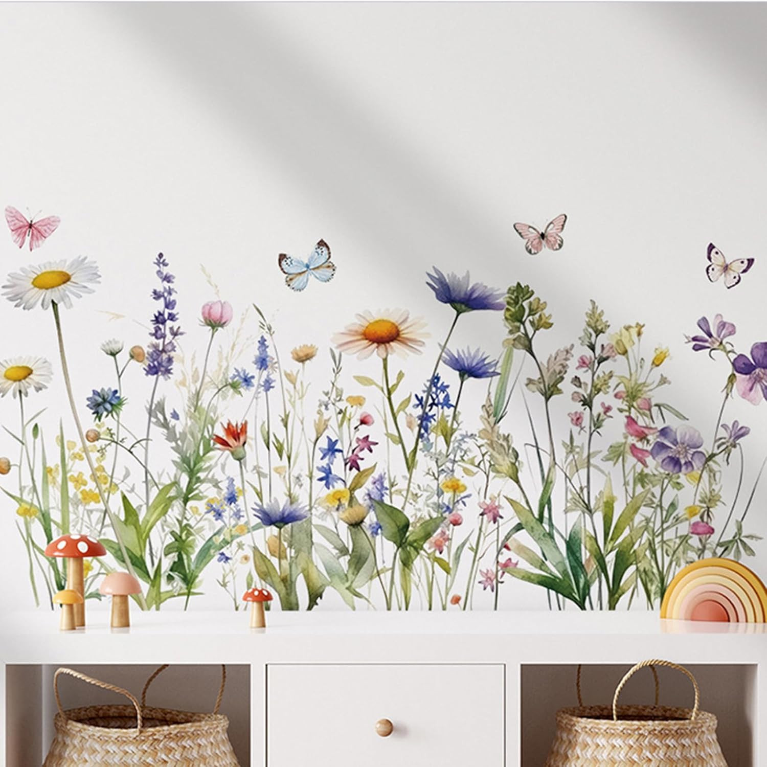 Wildflower Grass Daisy Wall Decals, Garden Floral Butterflies Flower Wall