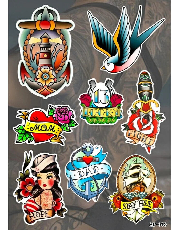 Tattoo Sticker Pack | Heart Rose Anchor Mom Dad Bird Boat Traditional Style Logo