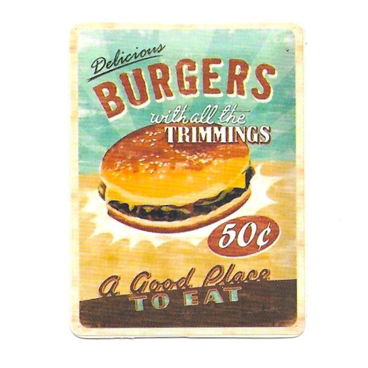 Delicious Burgers 50 Cents Trimmings Vintage Ad Sticker Diner Fast Food Retro