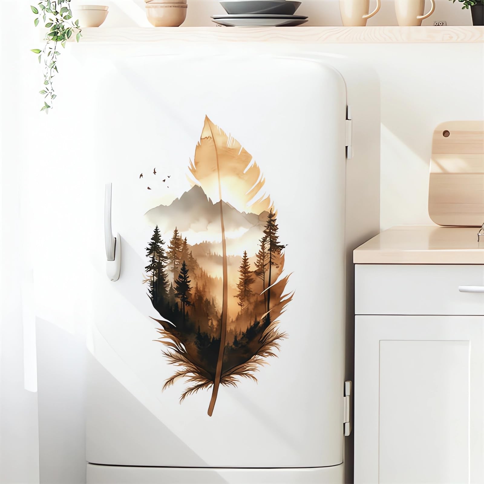 Brown Mountain Forest Feather Wall Stickers, Plume Tree Nature Art Wall Decal…