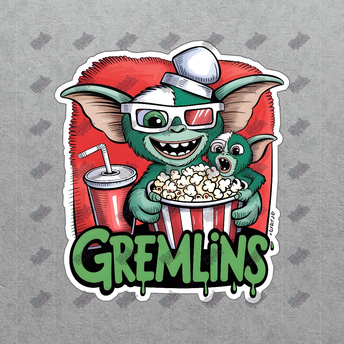 Vintage Gremlins Sticker Cartoon Character with Popcorn & 3D Glasses #19040