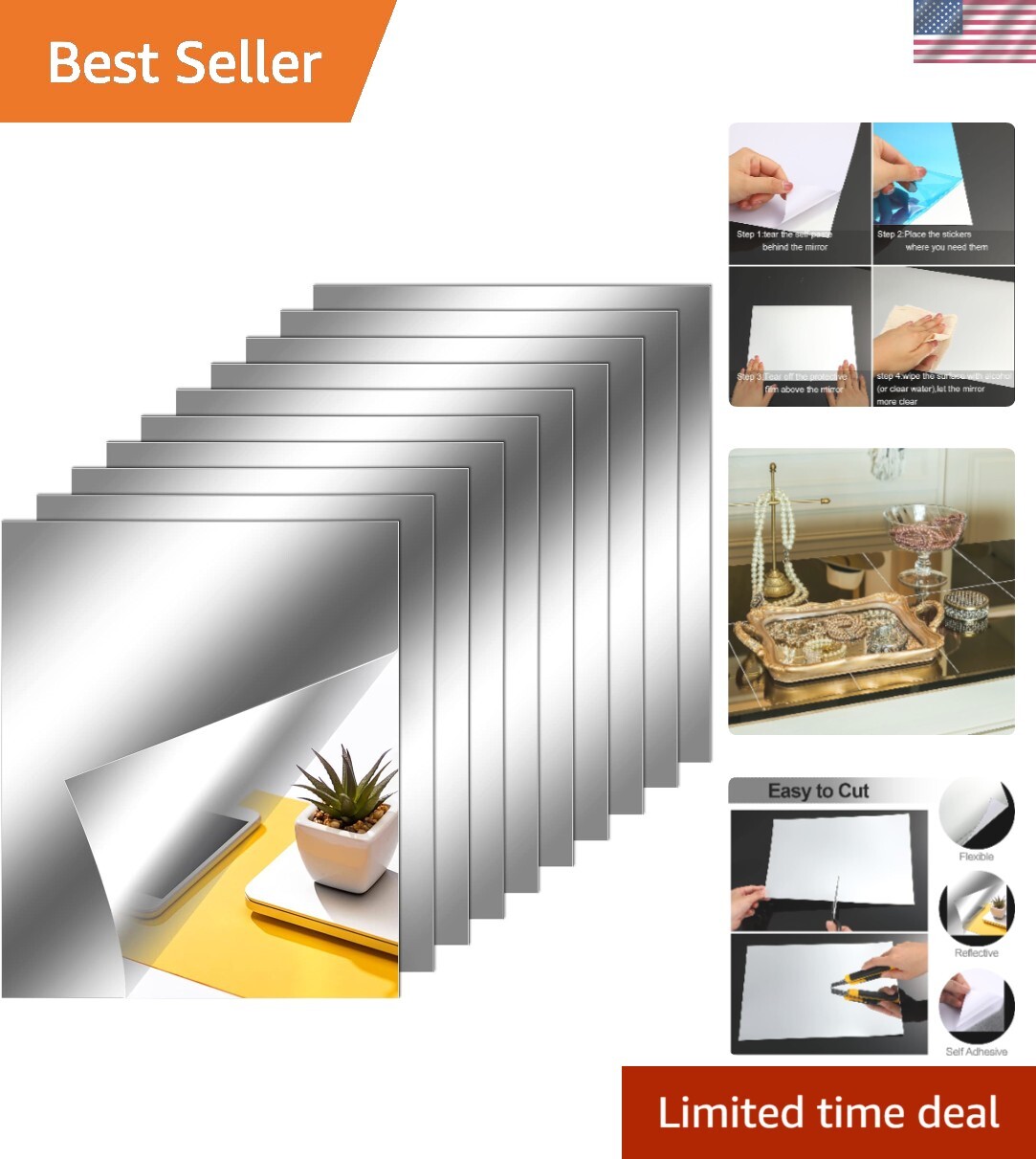 Versatile Non-Glass Mirror Tiles for Home Walls – Reflective 10 x 12 in Stickers