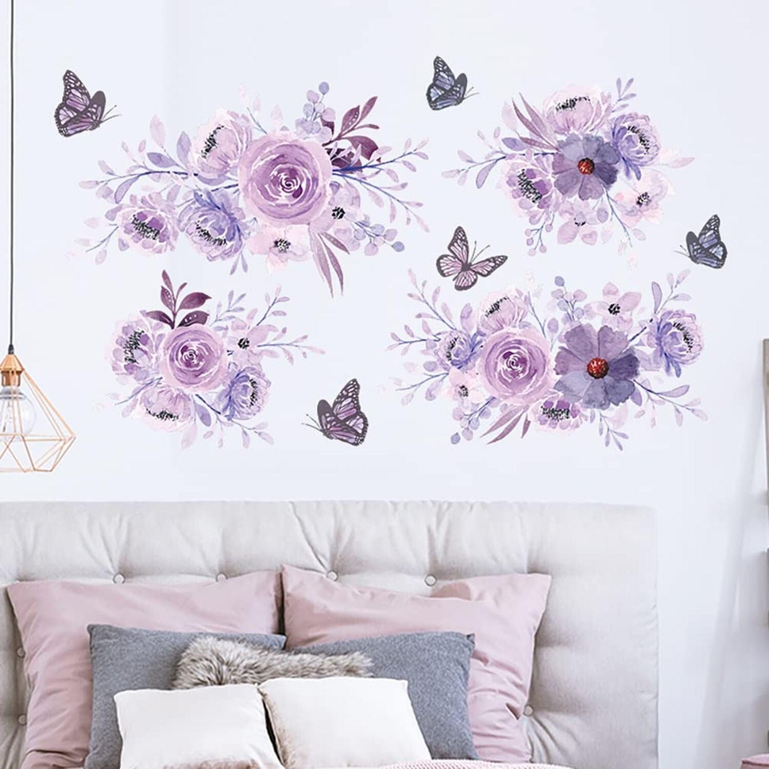 Runtoo Peony Flower Wall Decals Purple Floral Butterfly Wall Art Stickers for…