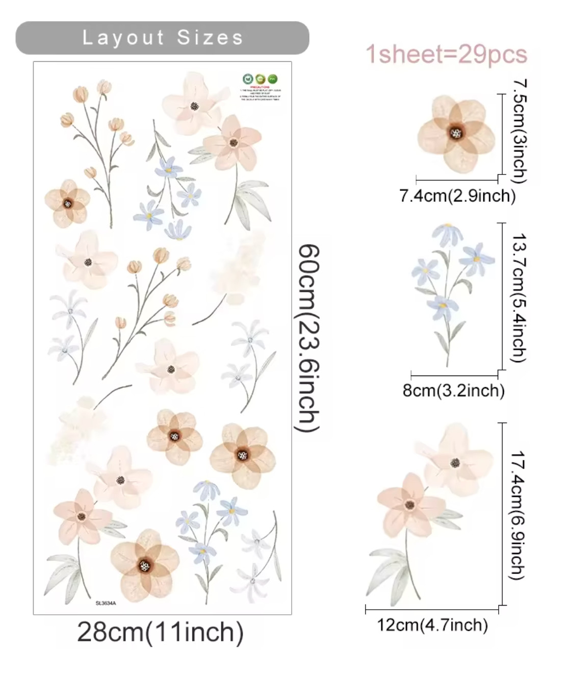 Boho Watercolour Flower Wall Stickers | Removable Floral Decals | Nursery Bedroo