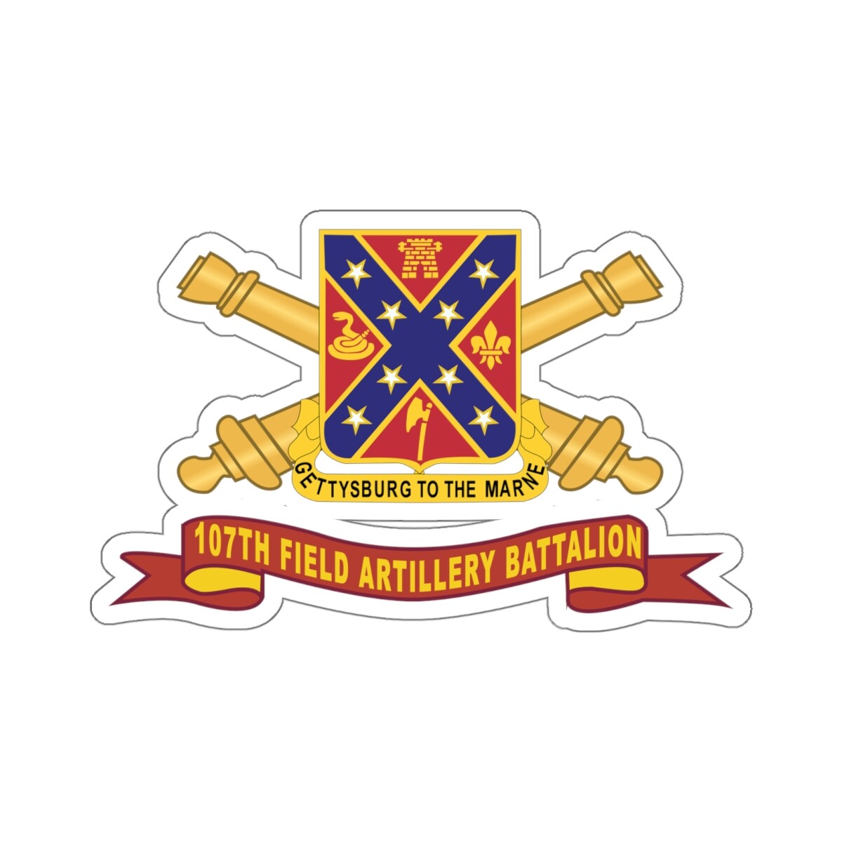Kiss- Cut Stickers – 107th Field Artillery Battalion – DUI w Br – Ribbon X 300