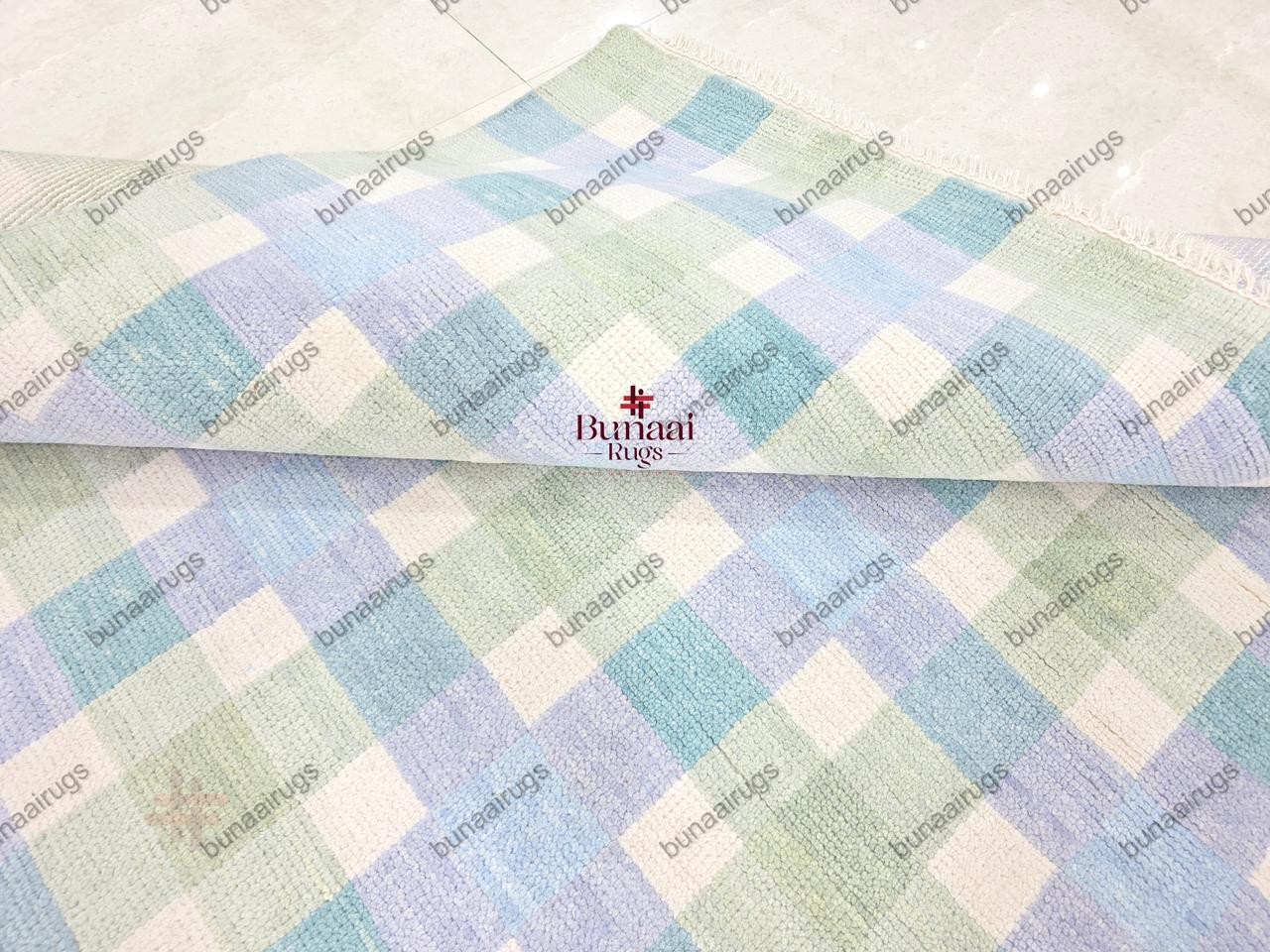 Handwoven Wool Flatweave Rug, Blue Green Checkered Plaid, Scandinavian Decor