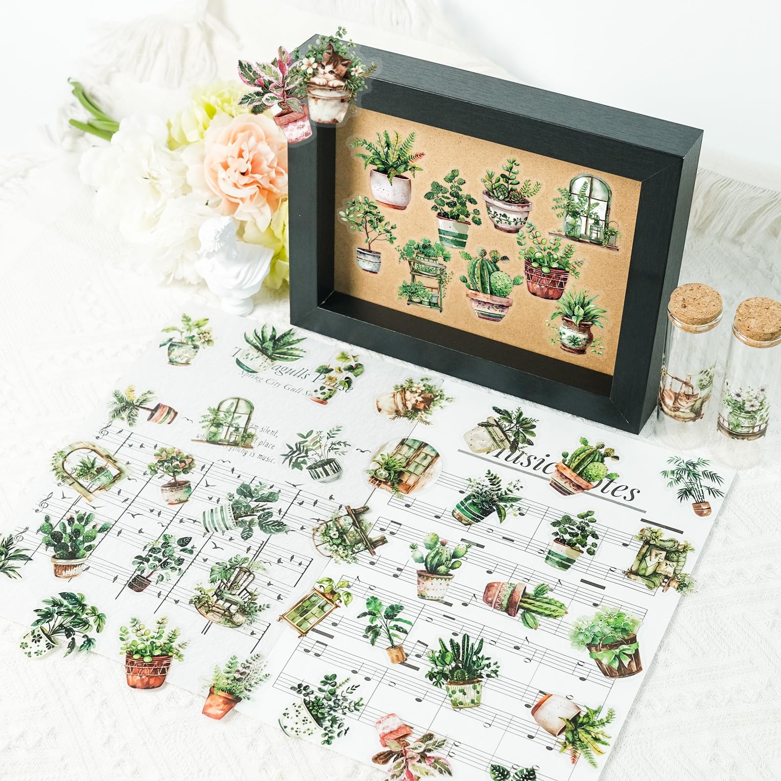 100PCS Green Plant Transparent Stickers,Potted Floral Plants