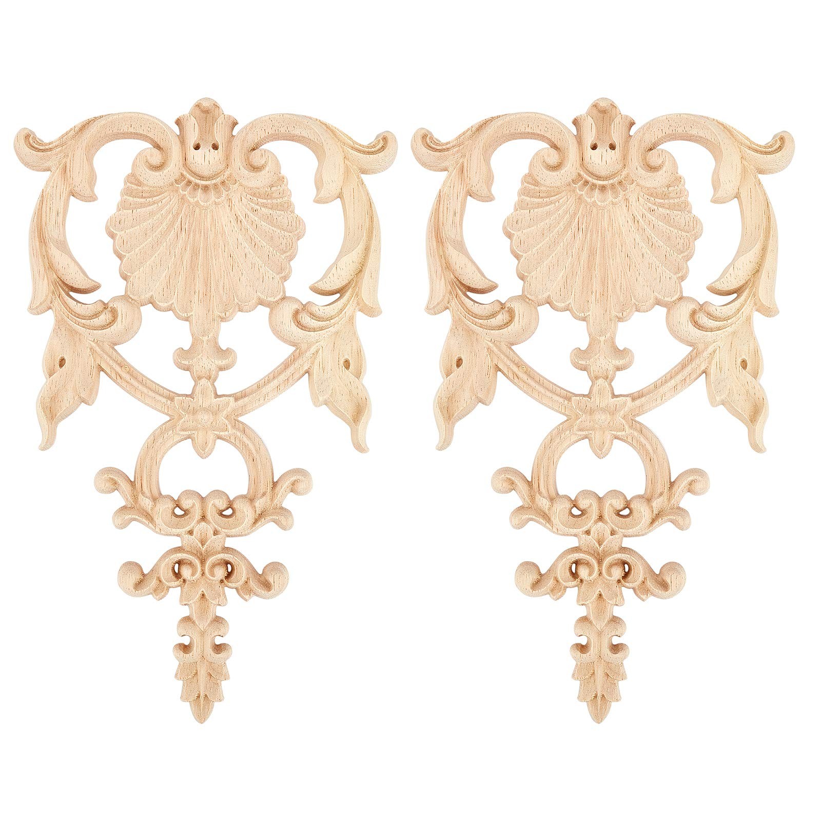 2PCS Carved Wood Appliques Onlays Wooden Decal Corner Frame 7.5 Inch
