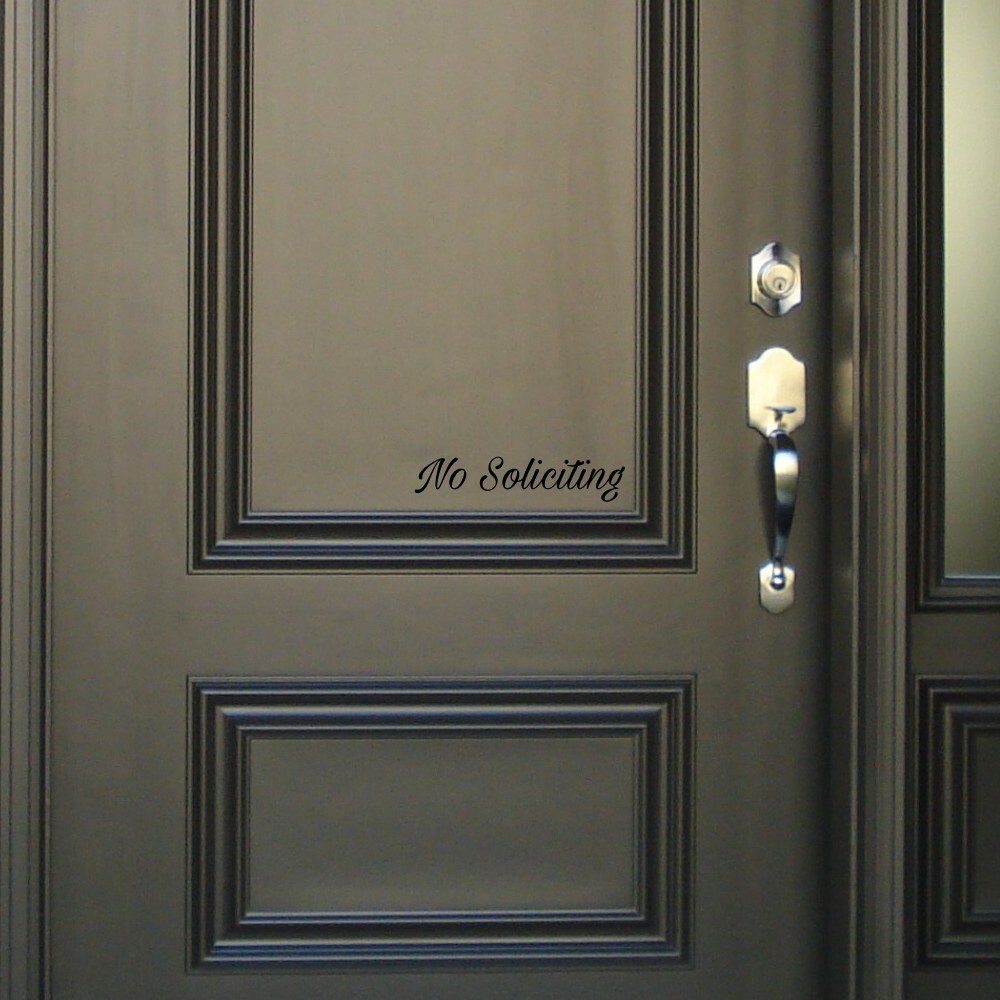Black Script No Soliciting Sign Vinyl Die Cut Decal Sticker Door Window BS009
