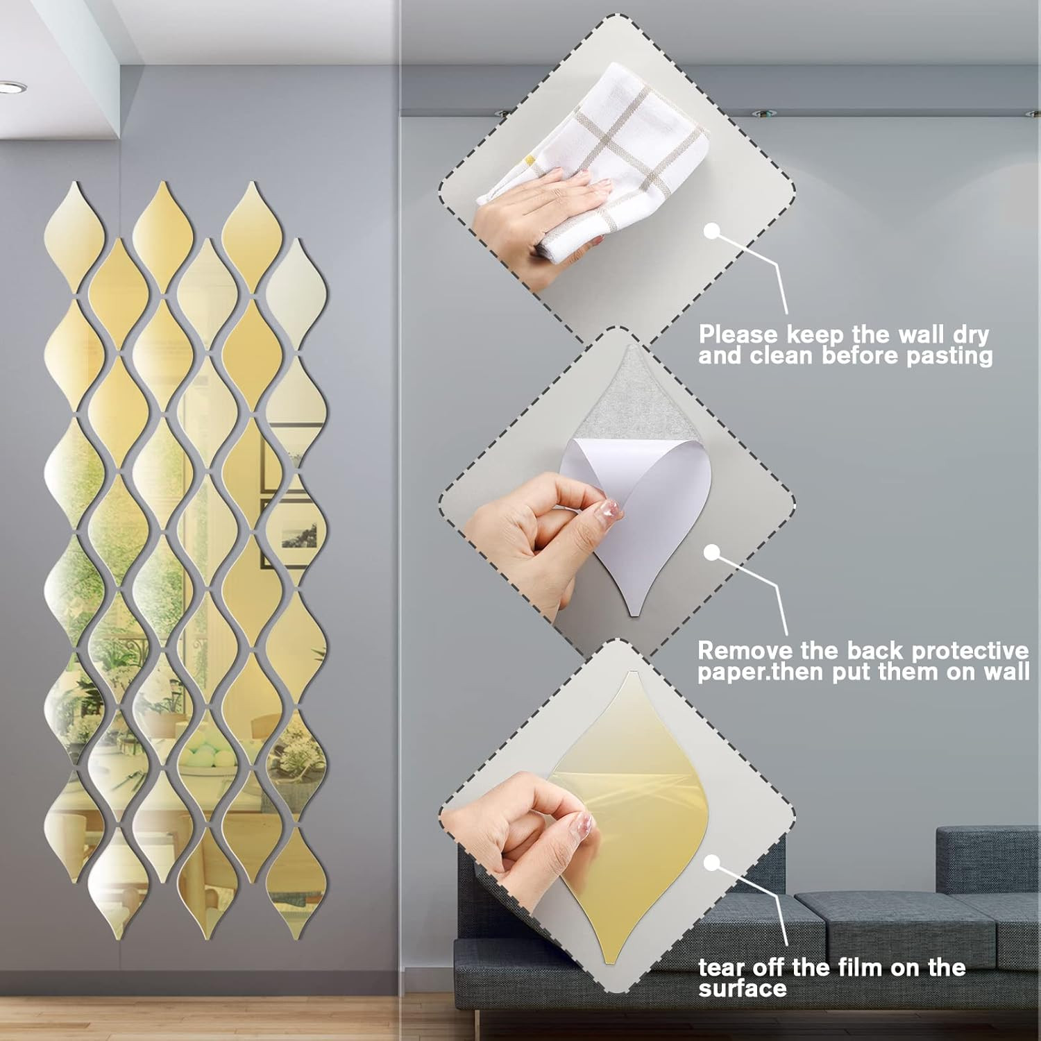 30 Pcs Mirror Wall Stickers Decor Acrylic 3D Tear Drop Decorative Mirrors Sti…