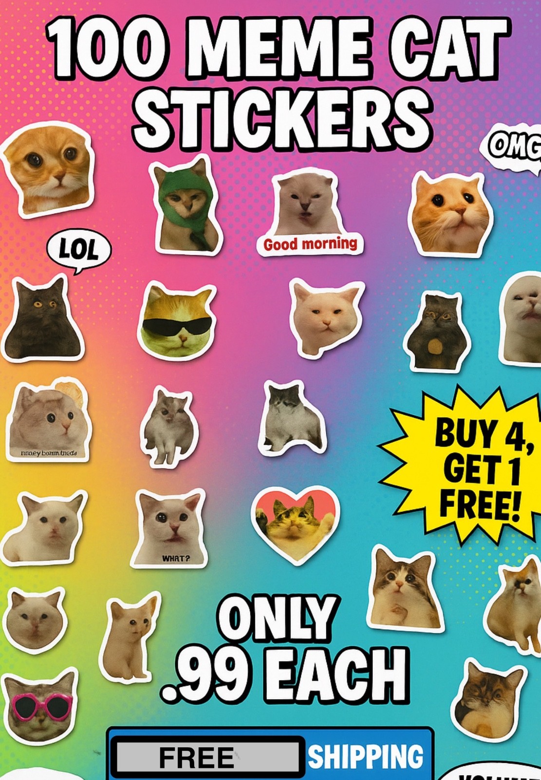 100 Funny Cat Meme Stickers Vinyl Waterproof Kawaii Laptop Phone Car Helmet Cup