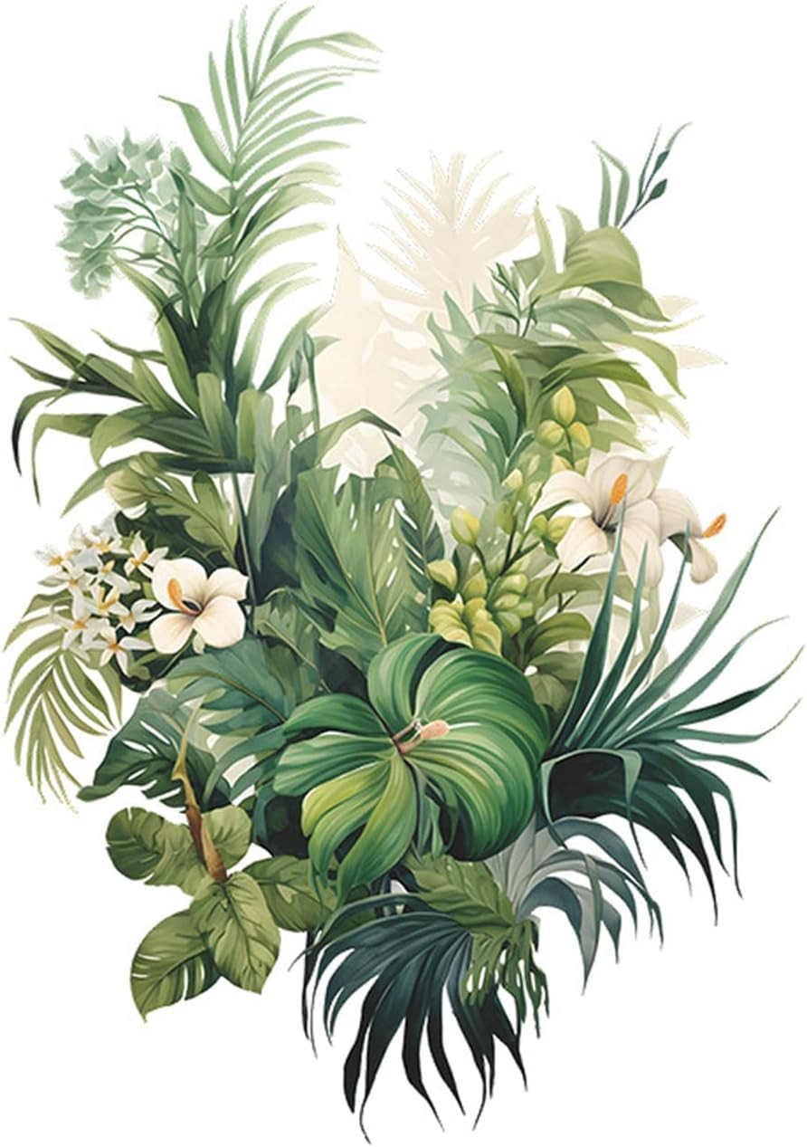 Tropical Plants Wall Decal, Peel and Stick Vinyl Stickers, Green Leaves and Whit