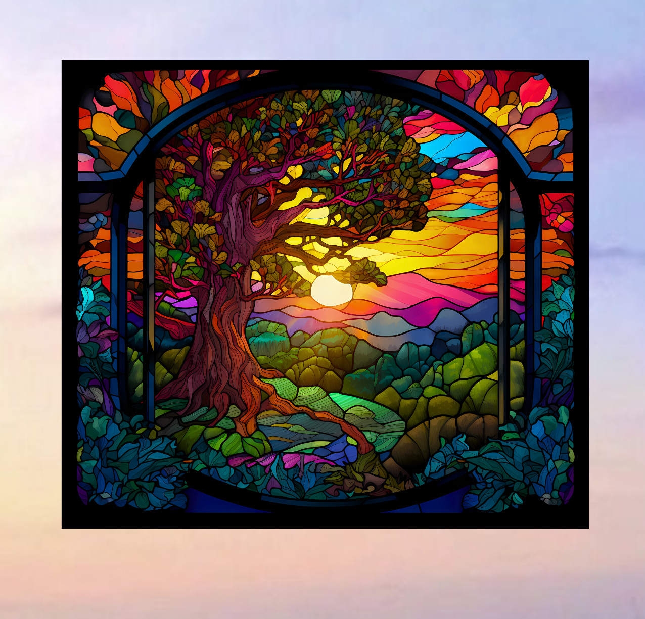 Tree at Sunset Faux Stained-Glass WINDOW CLING Size 9″ Repositionable Vinyl