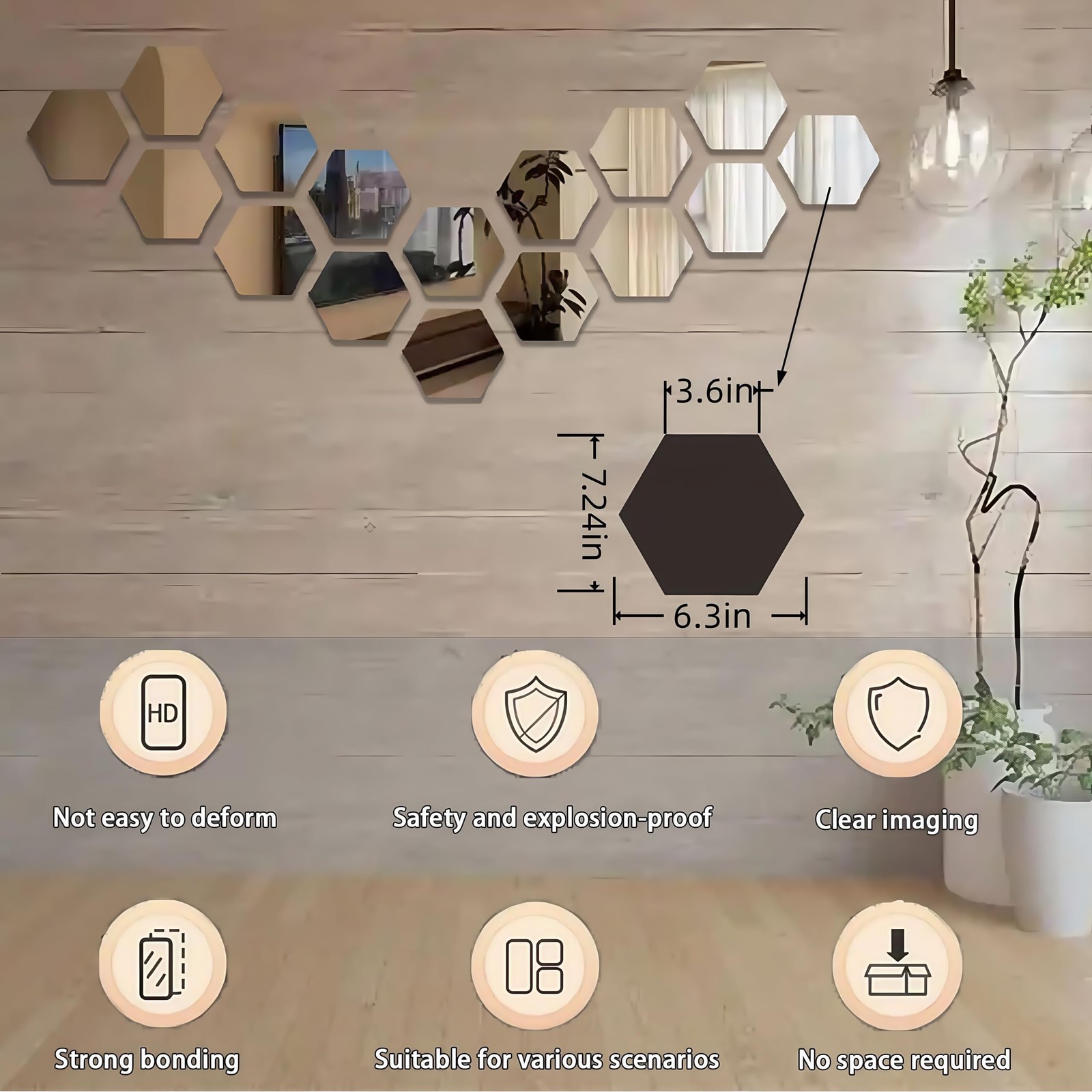 16-Piece (6.3 inches * 7.09 inches) Hexagonal Removable Acrylic Mirror Wall S…