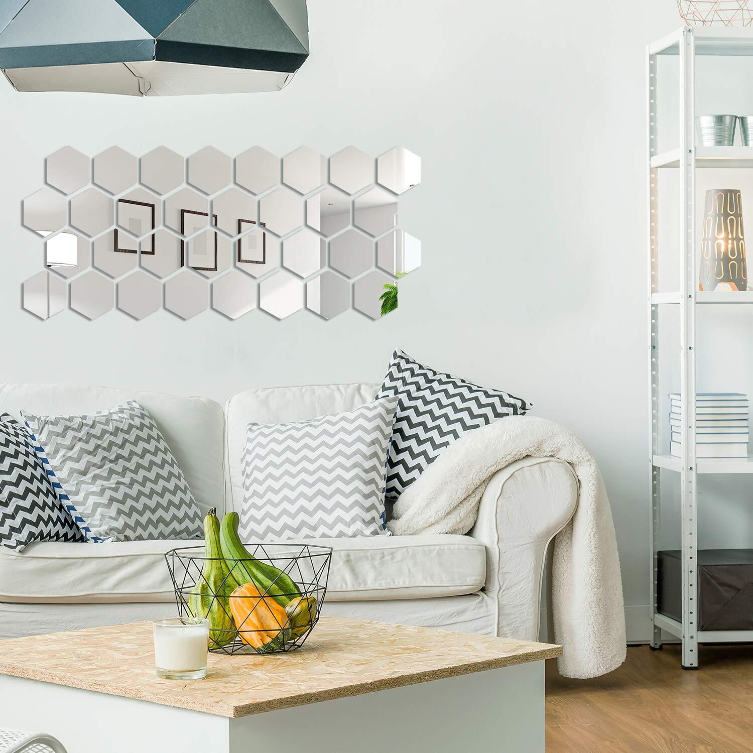 32 Pcs Hexagon Mirror Wall Stickers Honeycomb Decals, 10×8.6x5cm