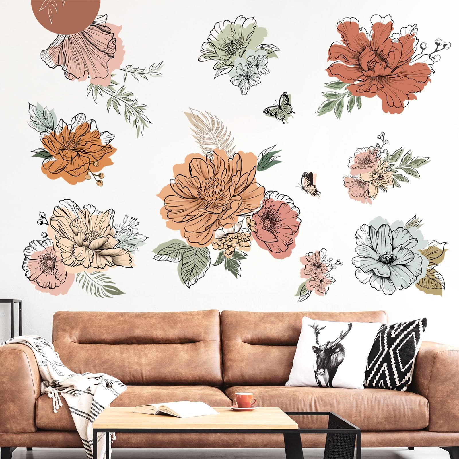 decalmile Boho Vintage Large Flower Wall Decals Bohemian Retro Floral Sun But…