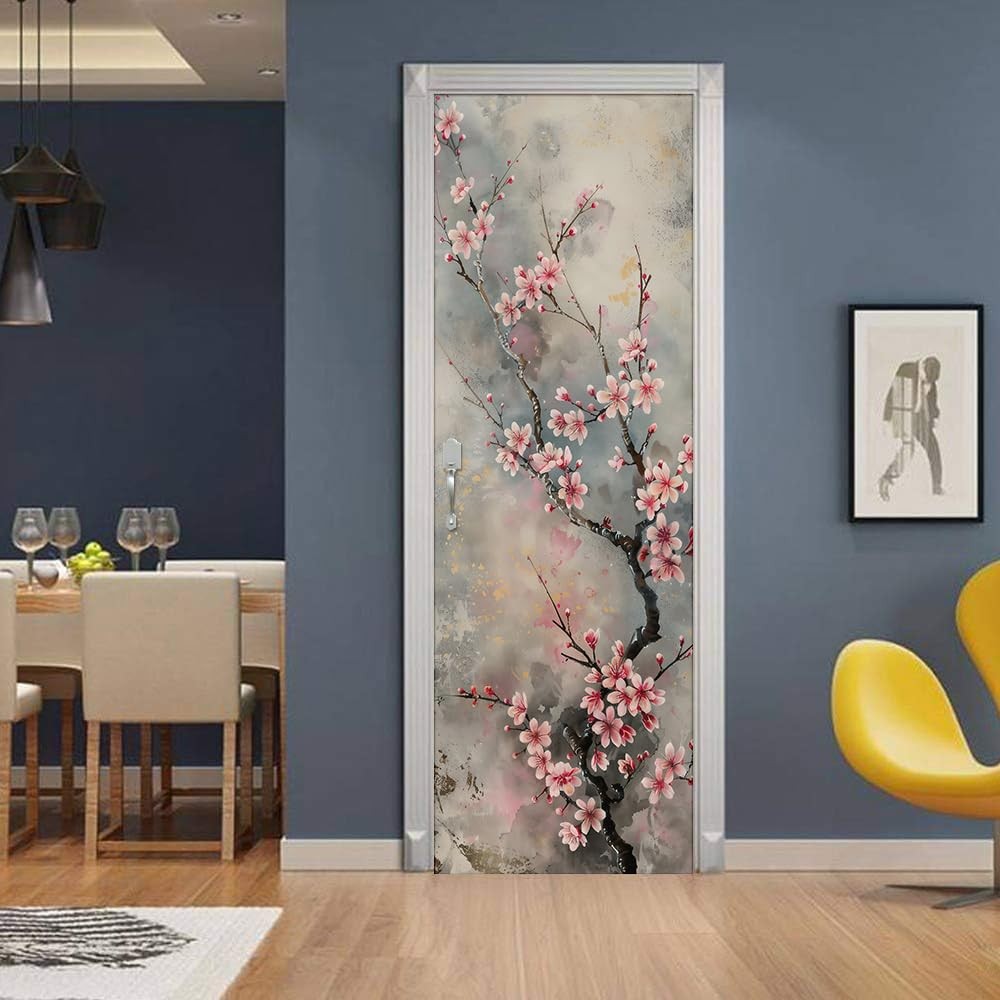 REDAMANCY Vintage Pink Cherry Flower Tree Watercolor Peel and Stick Door Stic…