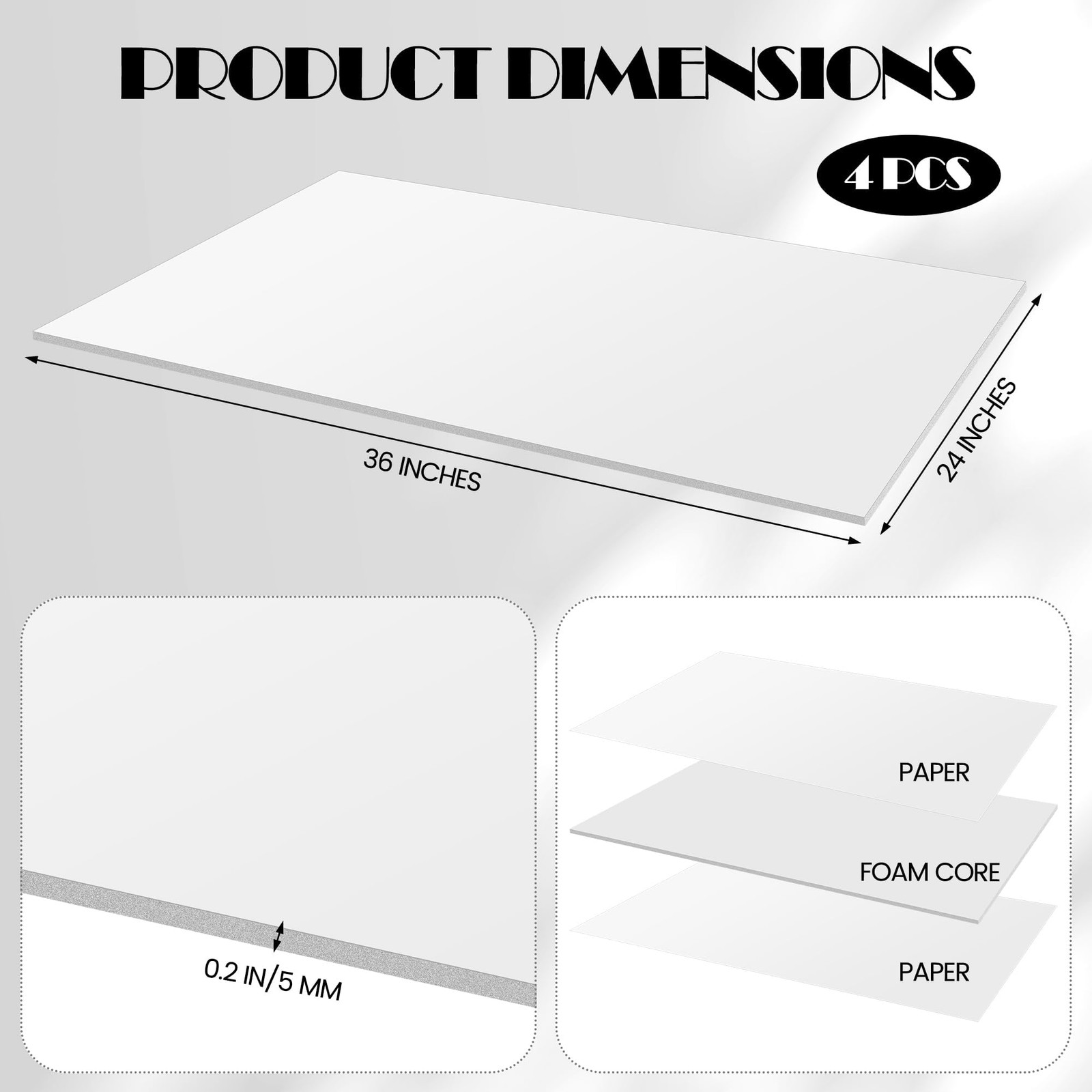 Elcoho 4 Pack White Foam Board, 24 x 36 Inch Acid-Free 24 x 36 Inch, white