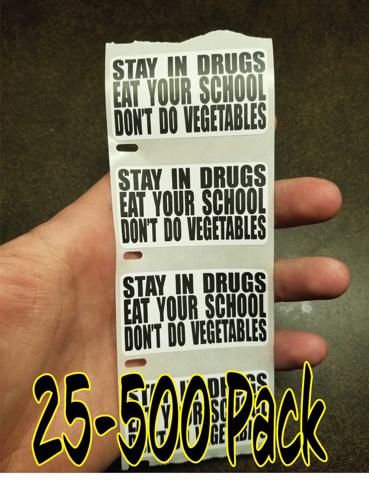“STAY IN DRUGS EAT SCHOOL” 25-500 Pack Stickers Gag Prank funny saying stickers