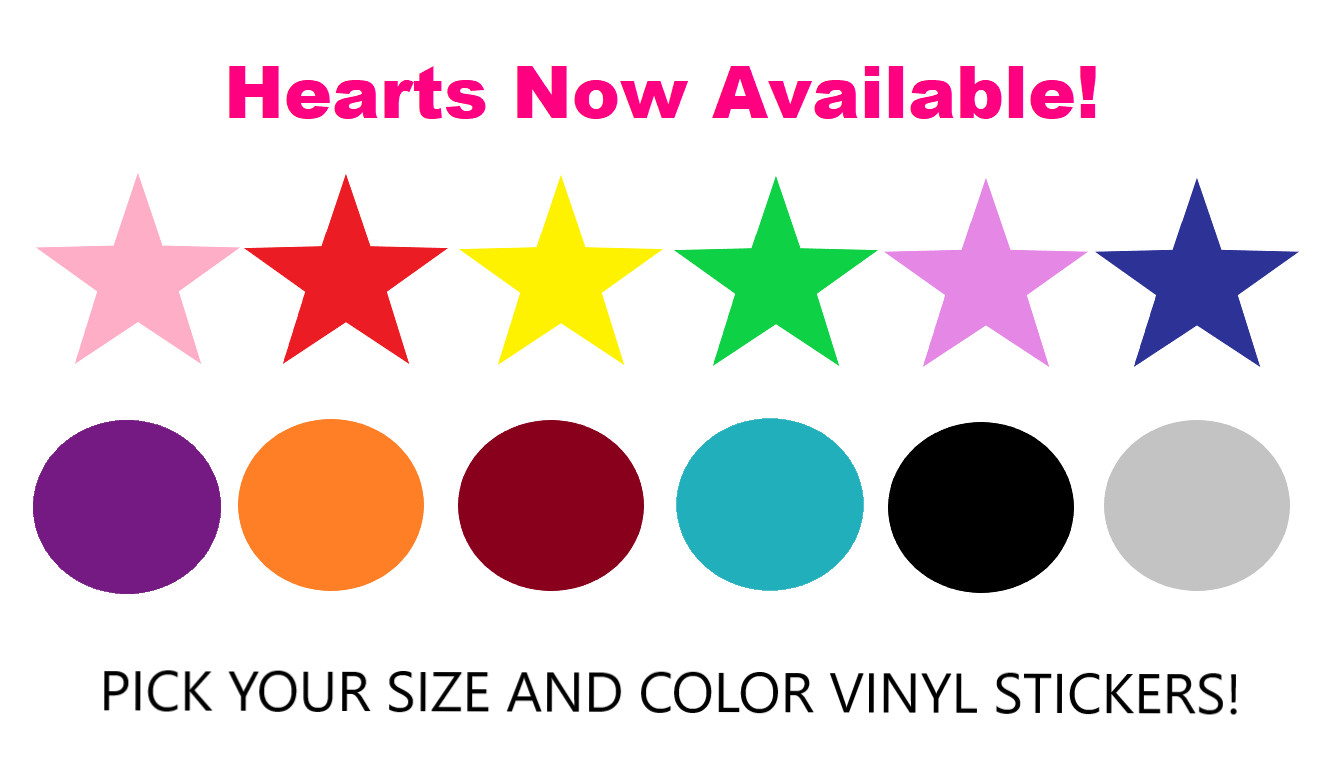 Star Circle or Heart Shape Stickers Die Cut Vinyl Decal Scrapbook Many Colors