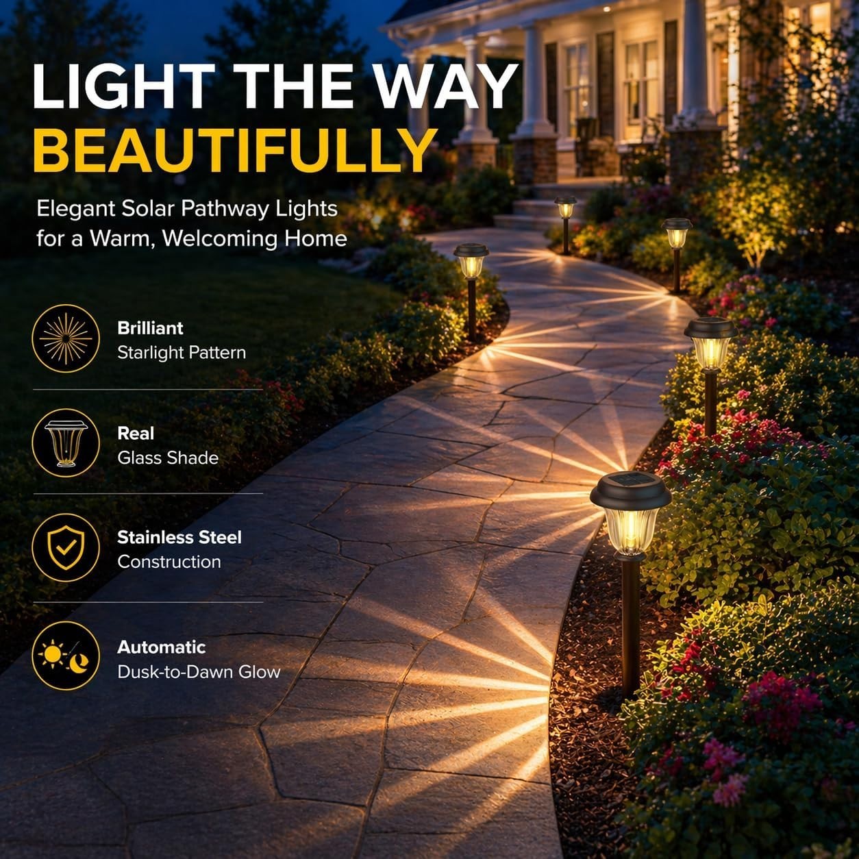8 Pack Solar Lights Outdoor, Stainless Steel Glass Solar Pathway Lights, Auto…