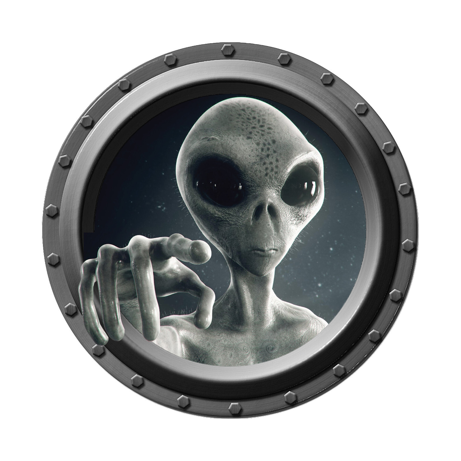 Alien Gray Porthole Vinyl Decal – Indoor or Outdoor UAP Orb UFO SciFi Sticker
