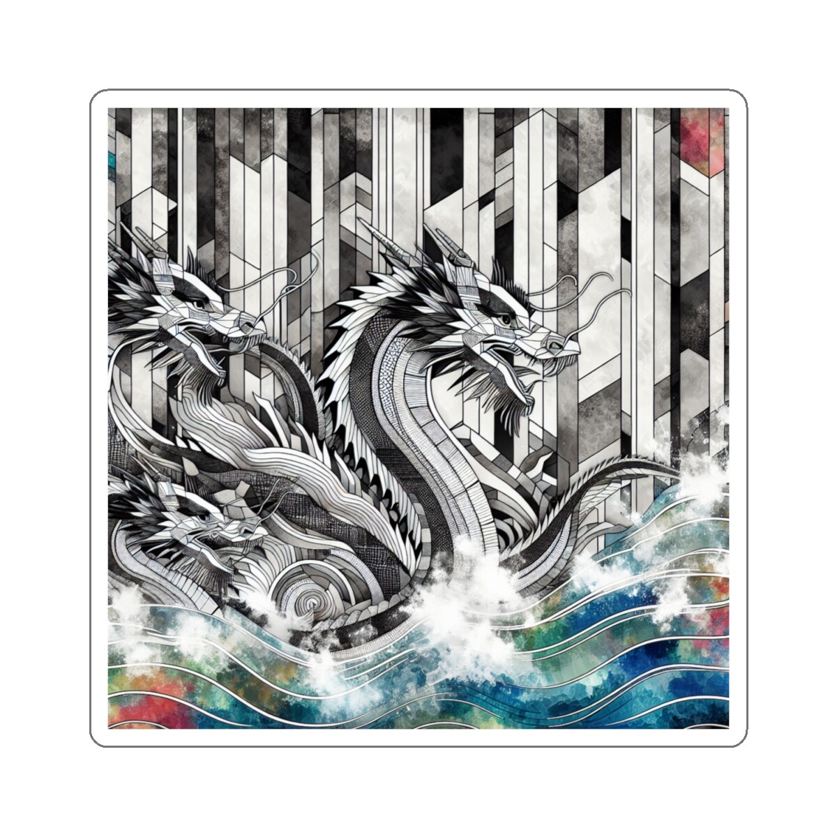 Sticker Art Deco Dragons in Monochrome Ocean Waves 2×2″ 3×3″ 4×4″ 6×6″ Asian