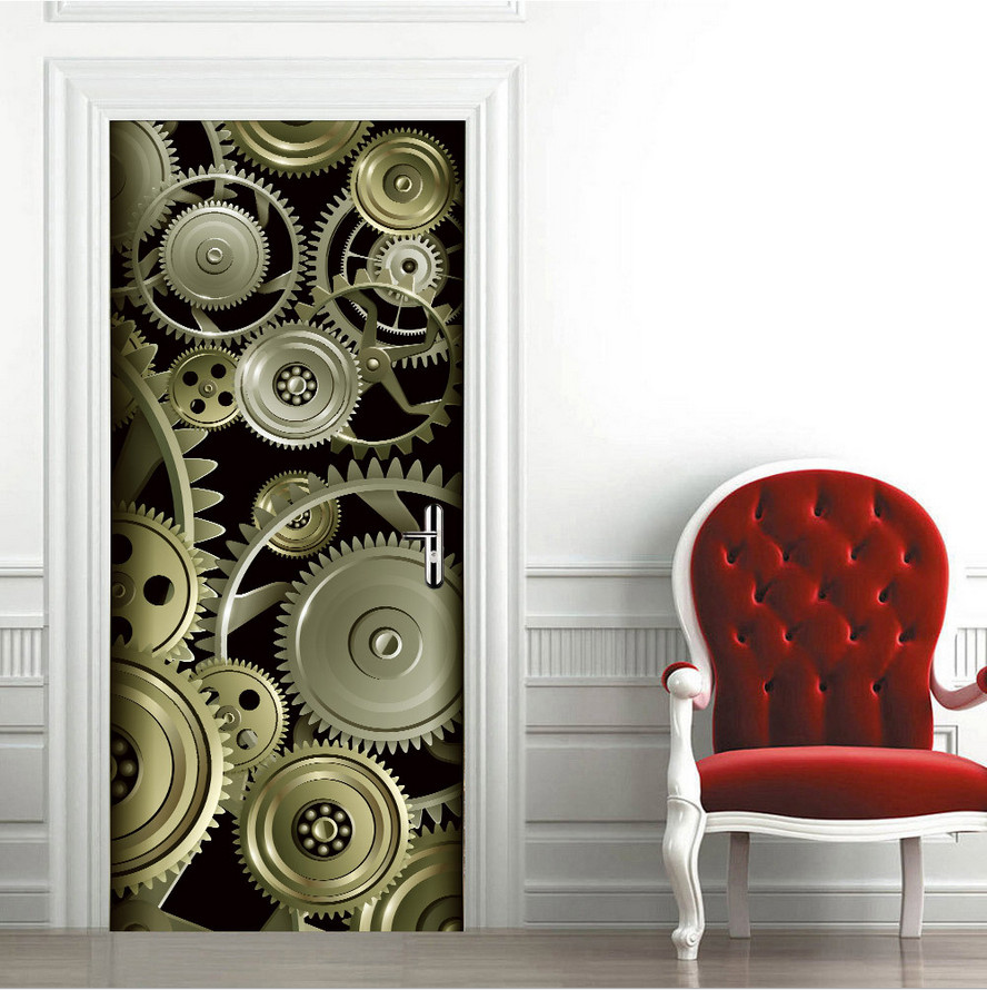 3D Wall Art Metal Machinery Gear Door Sticker PVC Decal Self-adhesive Wrap Mural