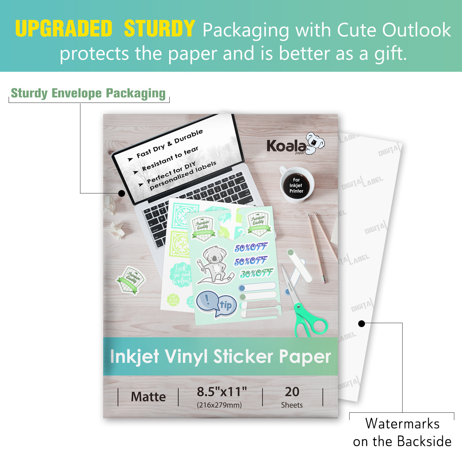 Koala Printable Vinyl Sticker Paper Waterproof Bulk 200 Matt Inkjet Laser Print
