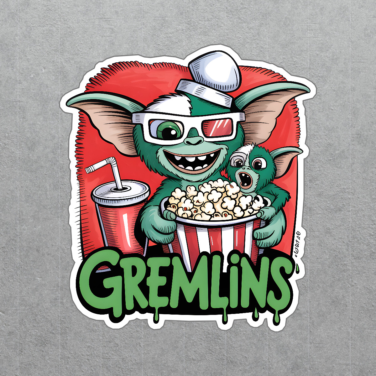 Vintage Gremlins Sticker Cartoon Character with Popcorn & 3D Glasses #19040