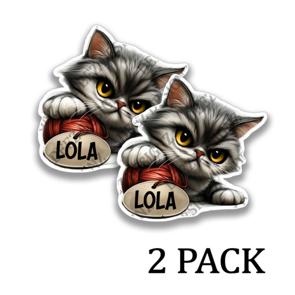 Lola the Longhair Gray Tabby Kitten Stickers Cat Decals (PERSONALIZE!) -2 Pack