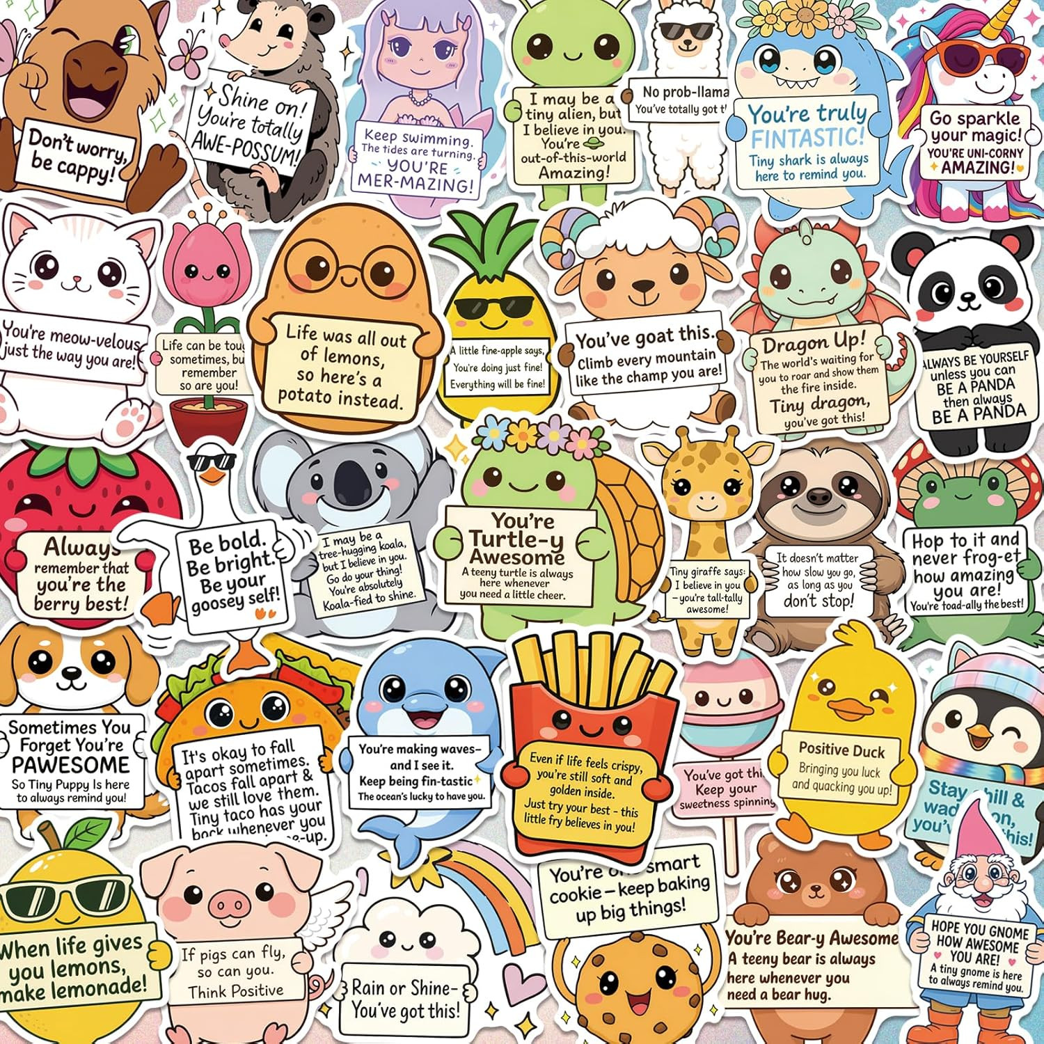120 Positive Affirmation Stickers – Cute Animal & Food Pun Vinyl Decals 2.8–3 In