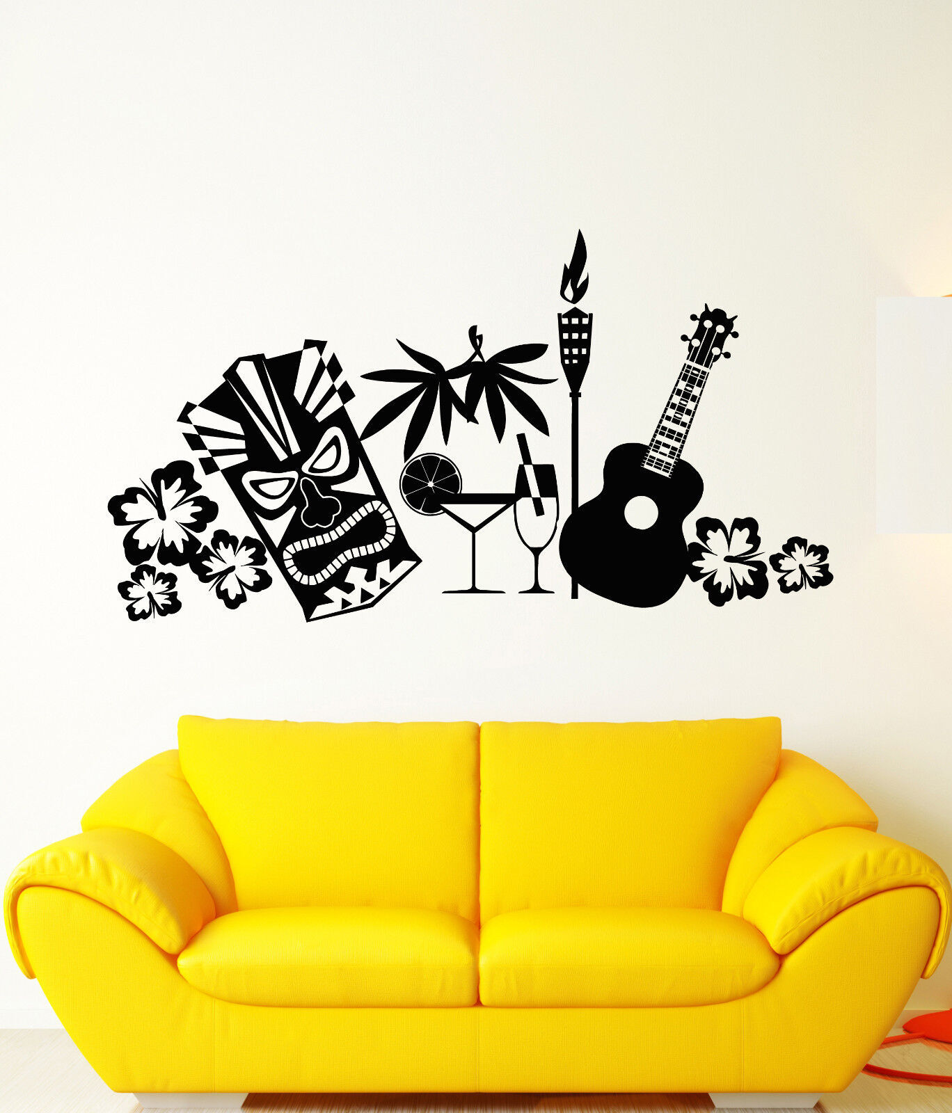 Vinyl Wall Decal Tropical Beach Style Guitar Mask Flowers Stickers (2381ig)