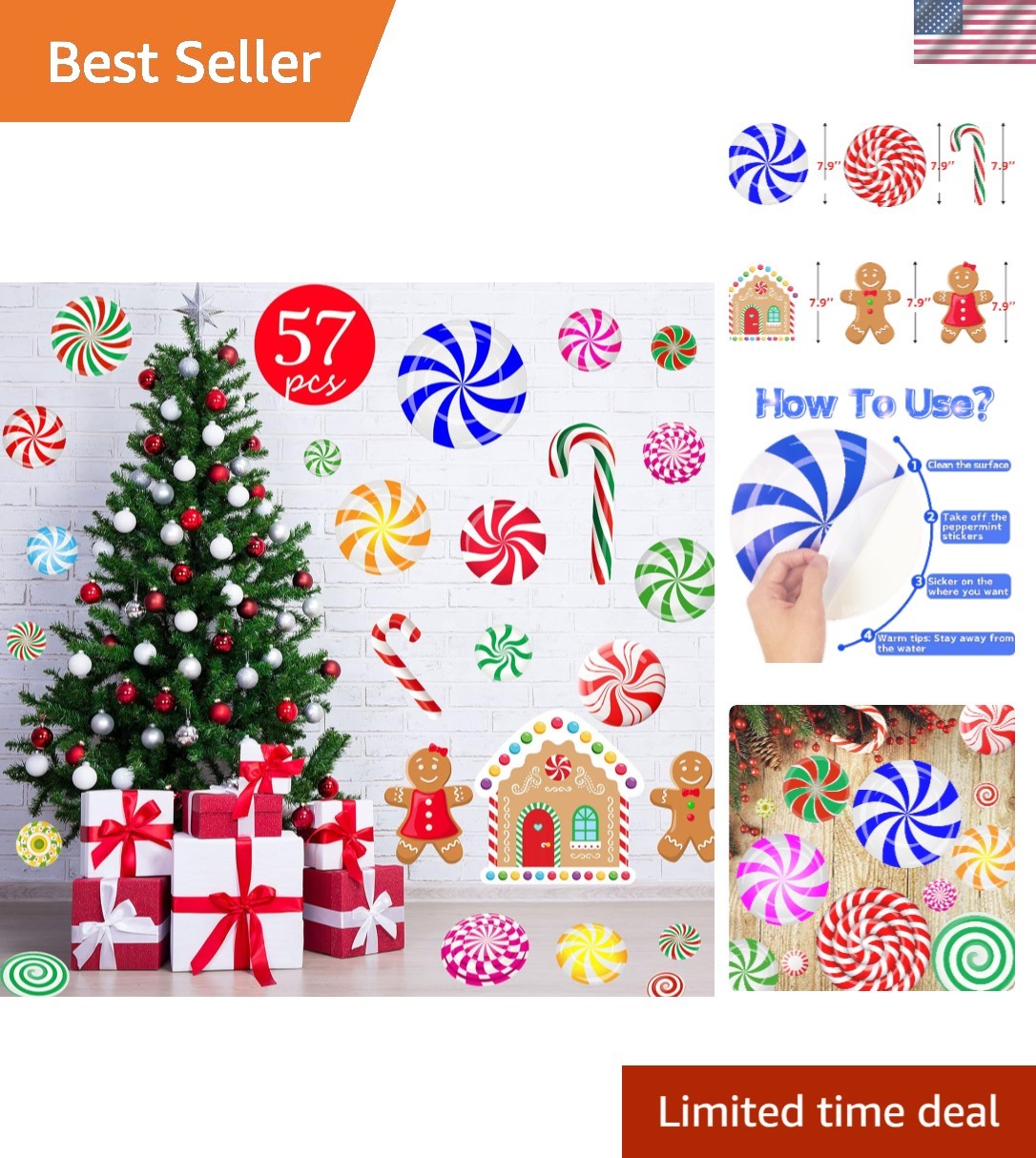 Easy-to-Apply 57PCS Peppermint Wall and Floor Decals for Kids’ Christmas Fun