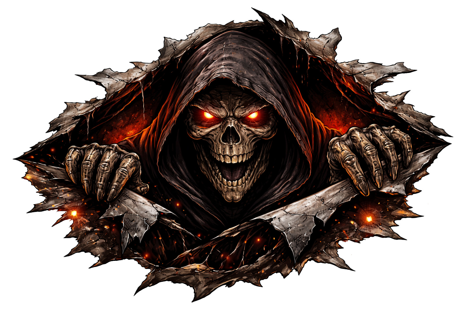 Grim Reaper Peekaboo Sticker Fire Glow Red Eyes Horror Decal 9×6