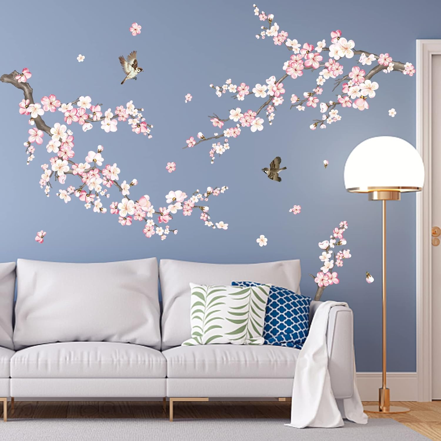 Cherry Blossom Wall Stickers Pink and White Flower Tree Branch Peel and Stick Wa