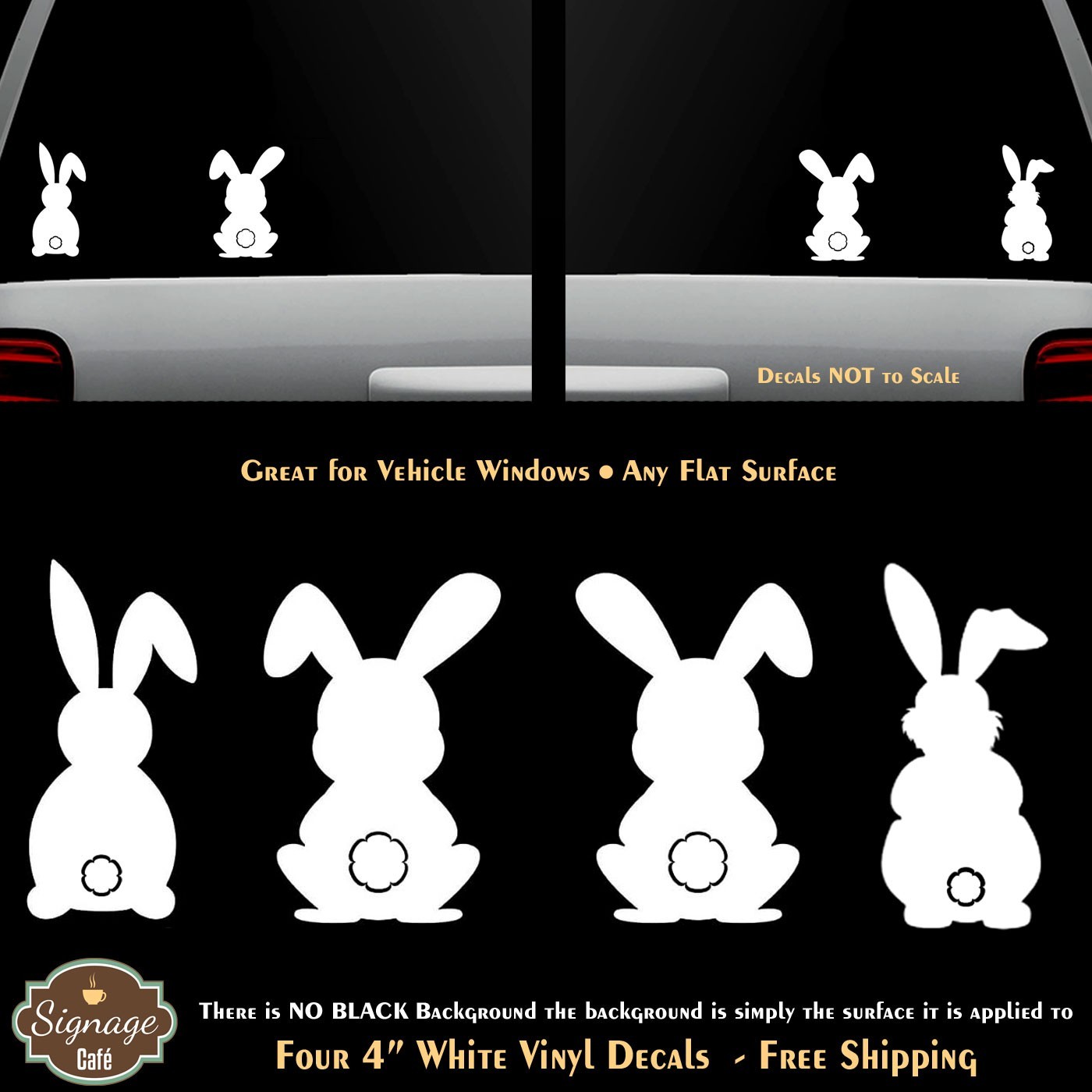 Bunny Rabbits Four 4″ White Vinyl Decals Vehicle Window Tumbler Any Flat Surface