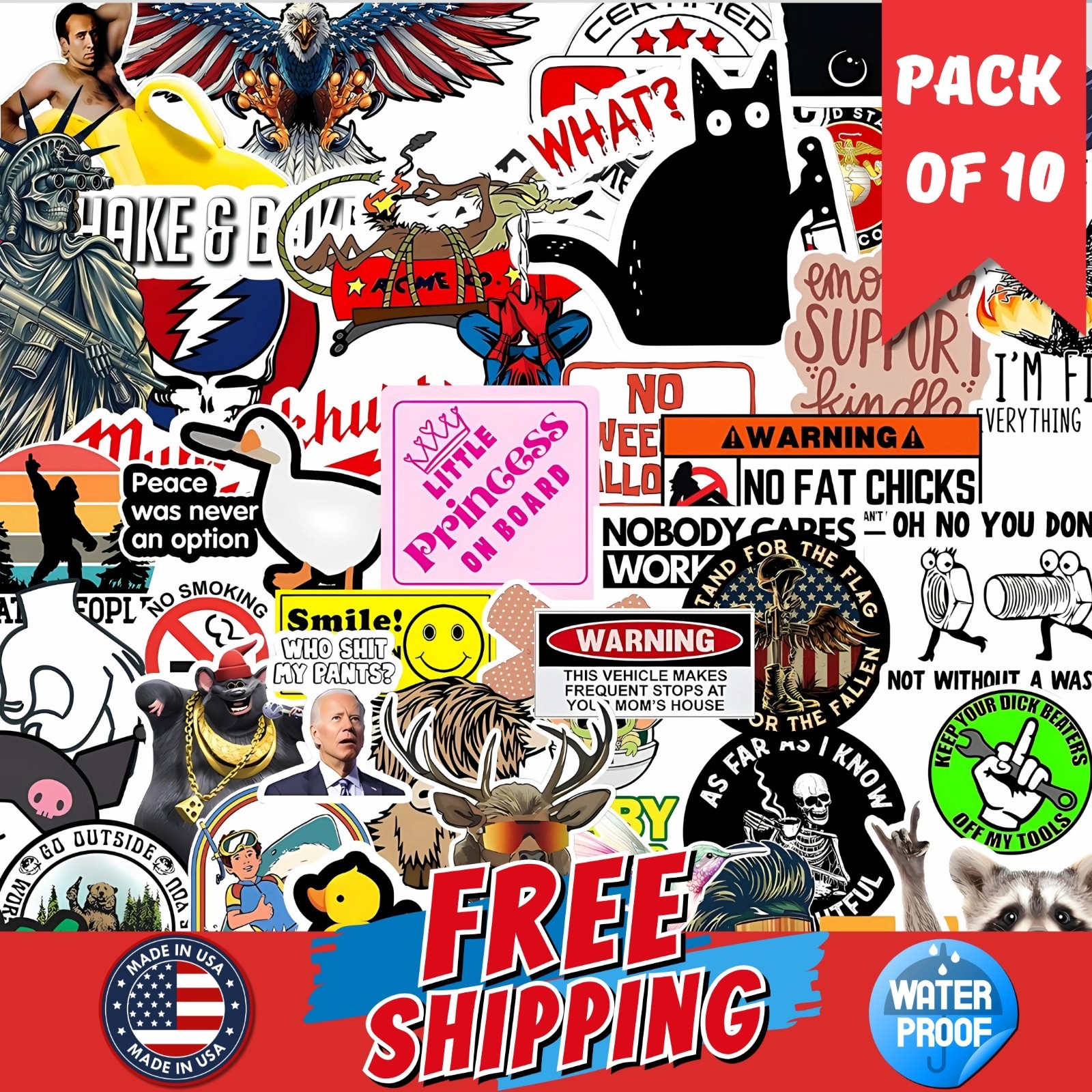 10pcs Waterproof Vinyl Stickers for Water Bottles, Laptops, Skateboard, Luggage