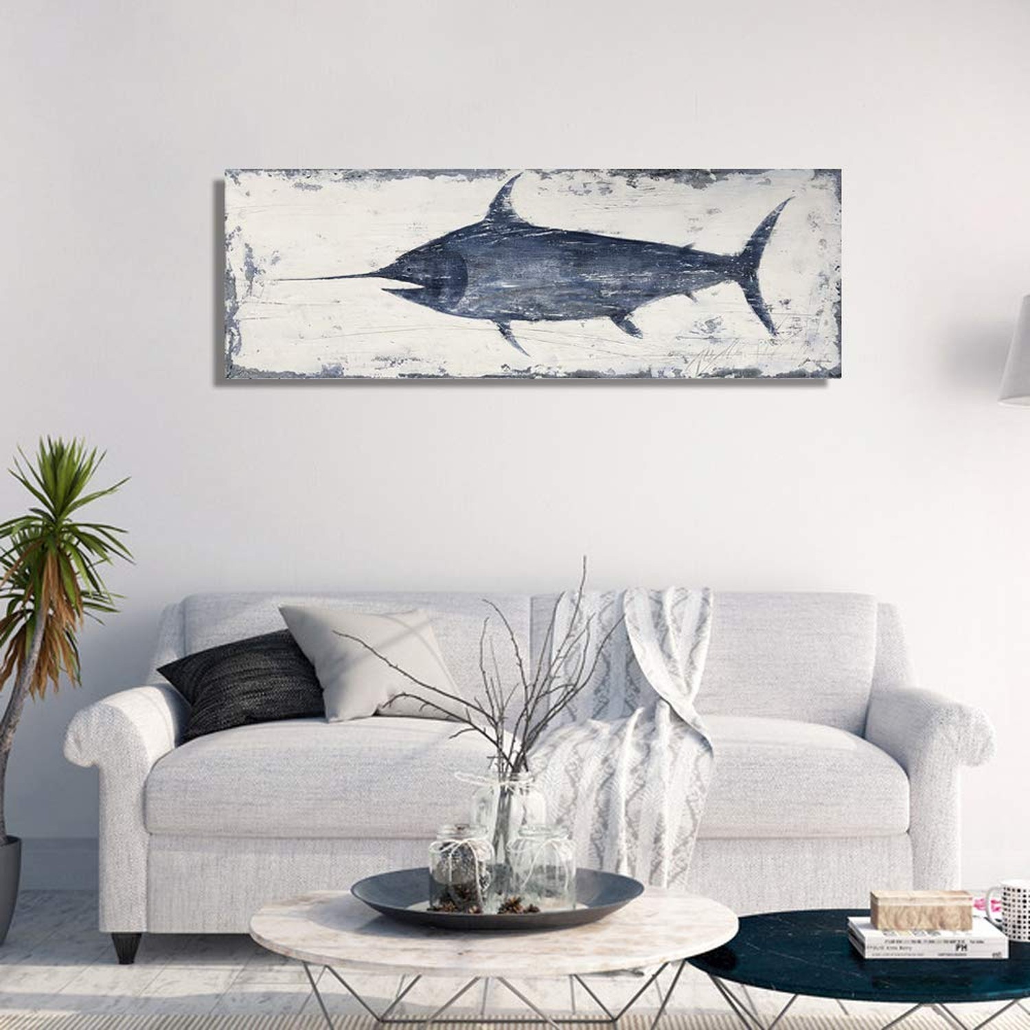 Bedroom Decor Canvas Wall Art Indigo Swordfish Pattern Prints Posters Bathroo…