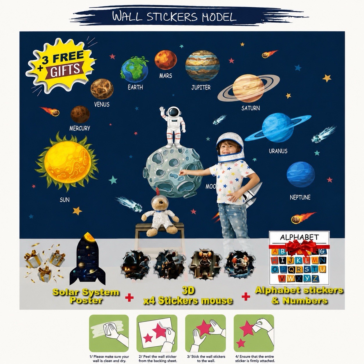 98pc Space Wall Stickers, Planet/Solar System, x4 3D Mouse, ABC/123 Infiniprint