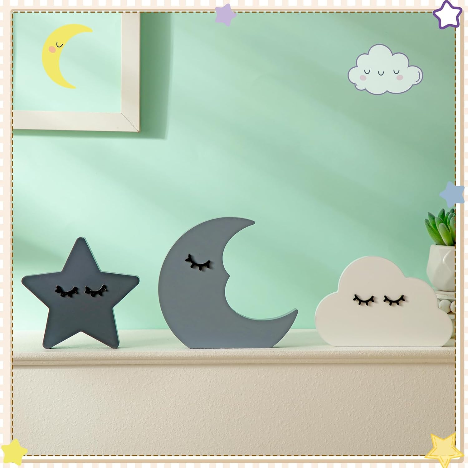 3 Pcs Moon Stars and Cloud Celestial Nursery Decor Bohemian Wood Nursery Shelves