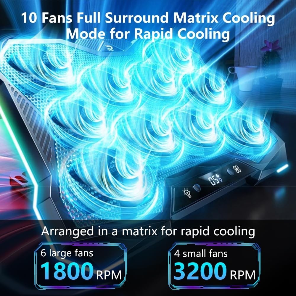 Gaming Laptop Cooling Pad 12-18 Inch Cooler with 10 Turbo Fans USB Adjus