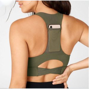 Wholesale High Support Green V Neck Sports Bra for Running with Phone Pocket